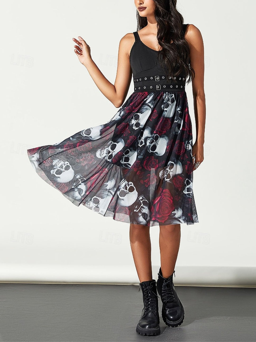 A-Line/Princess Skull Rose V-Neck Sleeveless Knee-Length Strap Halloween Performance Costumes Dress