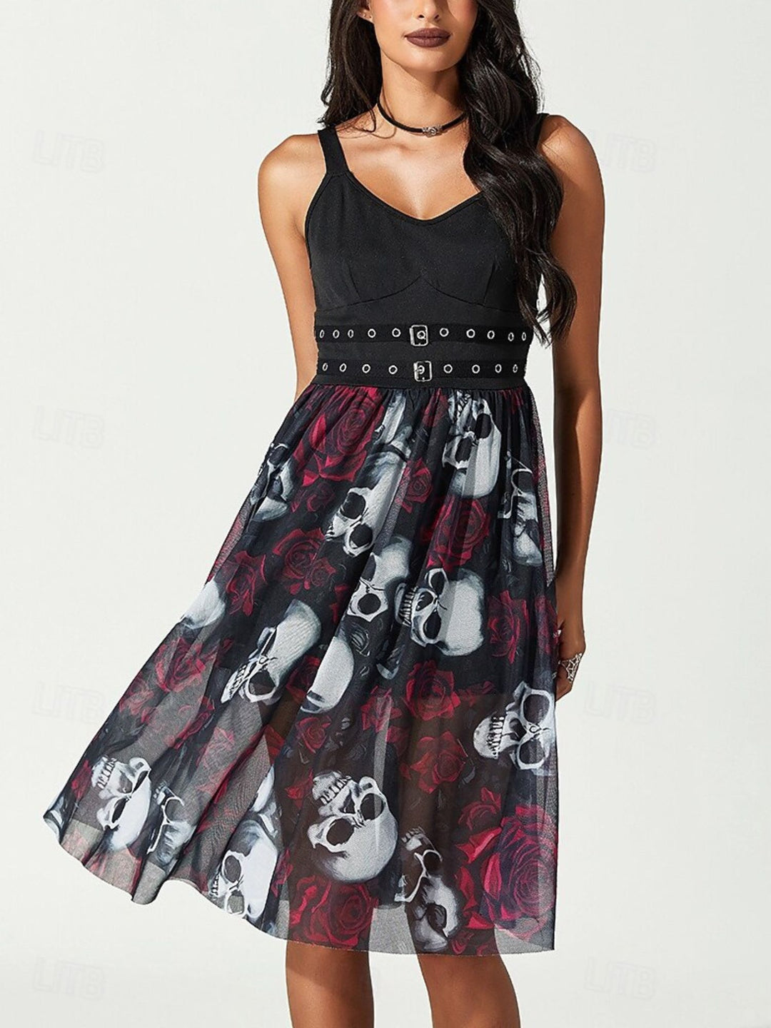 A-Line/Princess Skull Rose V-Neck Sleeveless Knee-Length Strap Halloween Performance Costumes Dress