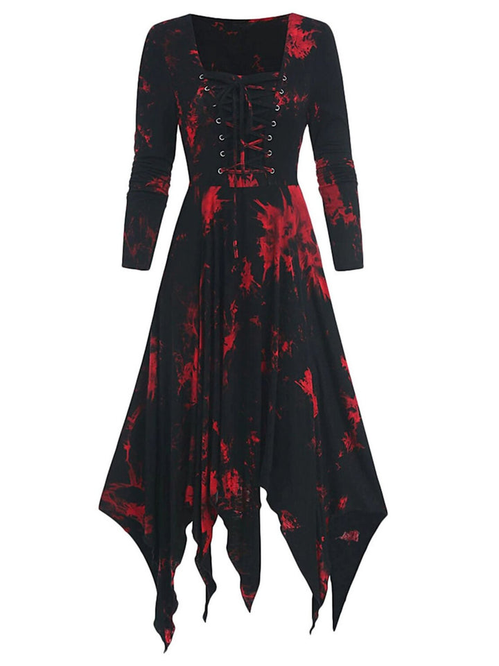 A-Line/Princess Retro Red Square Neck 3/4 Sleeves Asymmetrical Drawstring Print Halloween Performance Costumes Dress