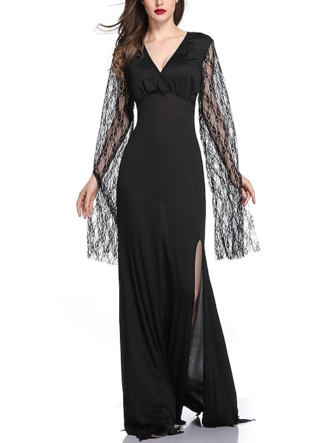 Black Elegant Sheath/Column V-Neck Lace Long Sleeve Floor Length Halloween Performance Costume Dresses