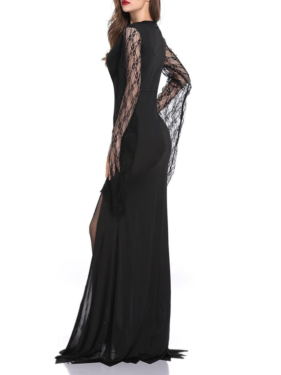 Black Elegant Sheath/Column V-Neck Lace Long Sleeve Floor Length Halloween Performance Costume Dresses