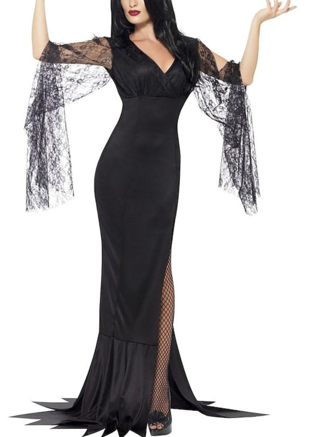 Black Elegant Sheath/Column V-Neck Lace Long Sleeve Floor Length Halloween Performance Costume Dresses