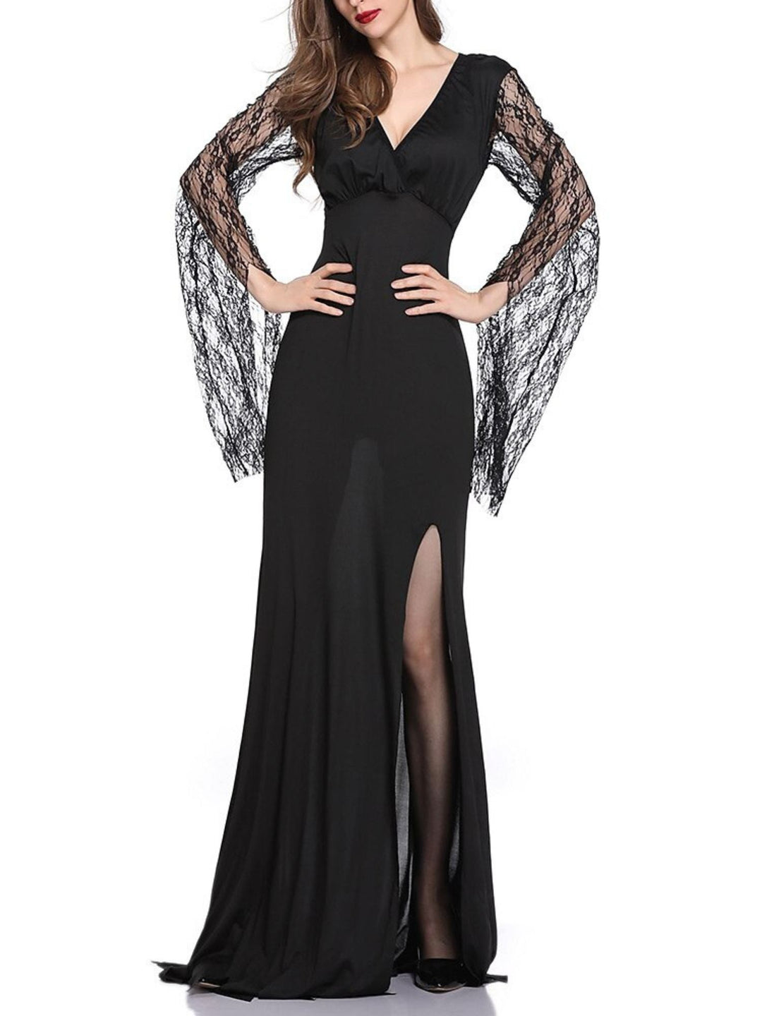 Black Elegant Sheath/Column V-Neck Lace Long Sleeve Floor Length Halloween Performance Costume Dresses