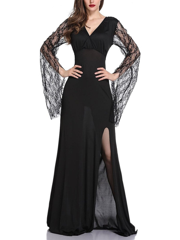 Black Elegant Sheath/Column V-Neck Lace Long Sleeve Floor Length Halloween Performance Costume Dresses