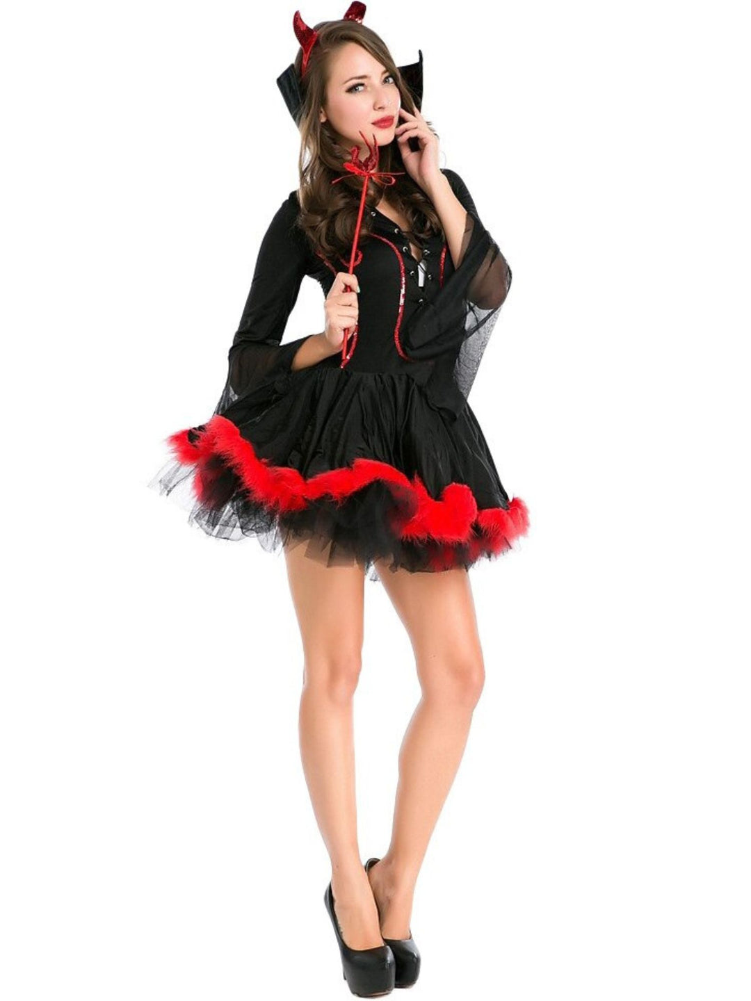 Halloween Devil Strap V-Neck Half Sleeves Mini Sexy Cute Costume Dress Set