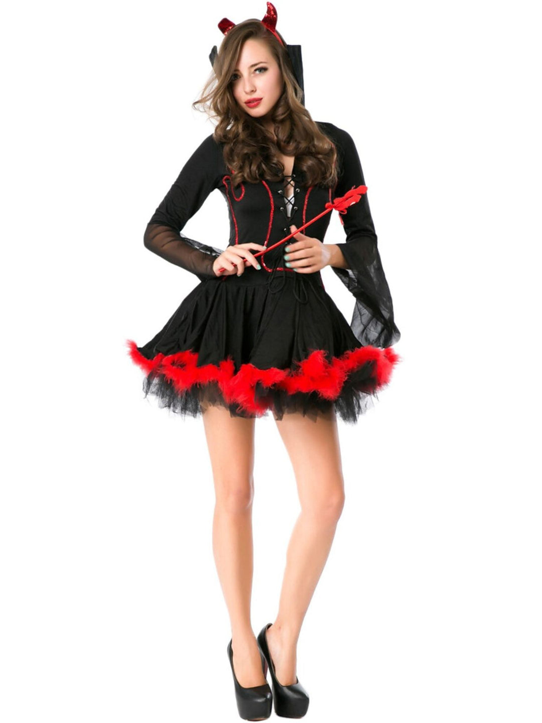 Halloween Devil Strap V-Neck Half Sleeves Mini Sexy Cute Costume Dress Set