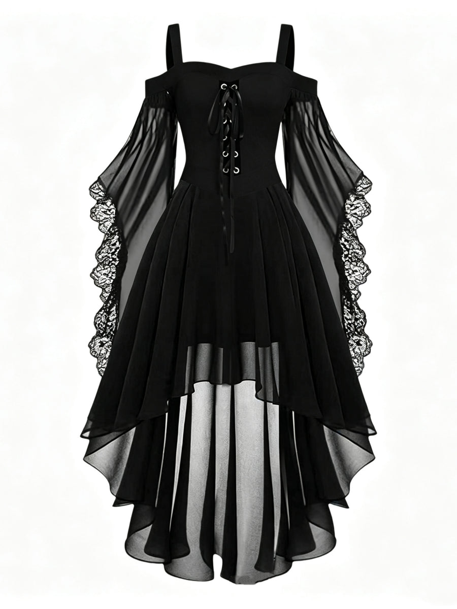 A-Line/Princess Square Neck Long Sleeves Asymmetrical Halloween Performance Costumes Dress with Lace