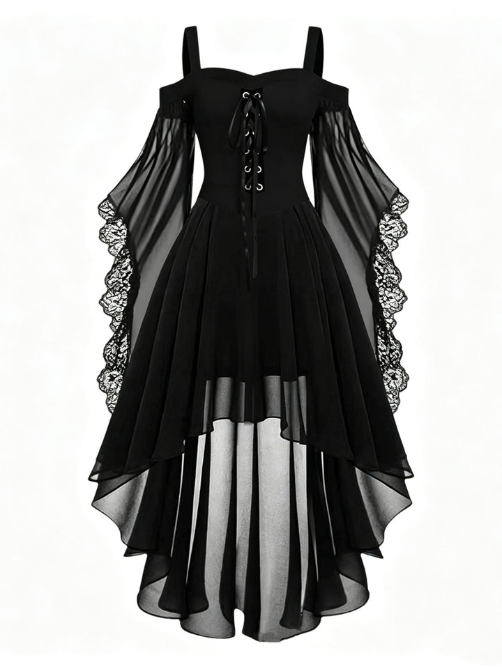 A-Line/Princess Square Neck Long Sleeves Asymmetrical Halloween Performance Costumes Dress with Lace