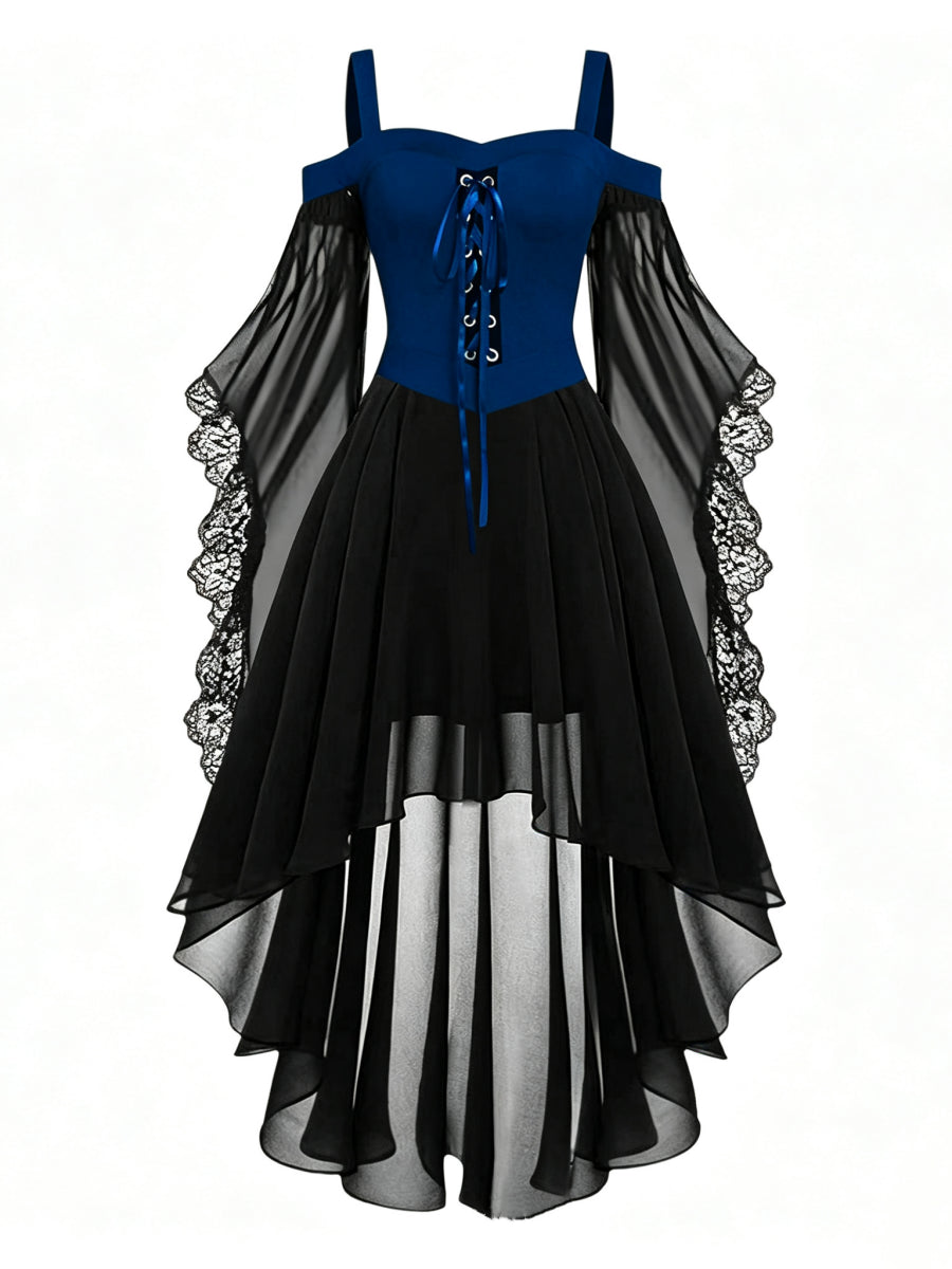 A-Line/Princess Square Neck Long Sleeves Asymmetrical Halloween Performance Costumes Dress with Lace