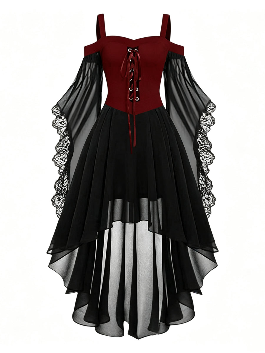 A-Line/Princess Square Neck Long Sleeves Asymmetrical Halloween Performance Costumes Dress with Lace