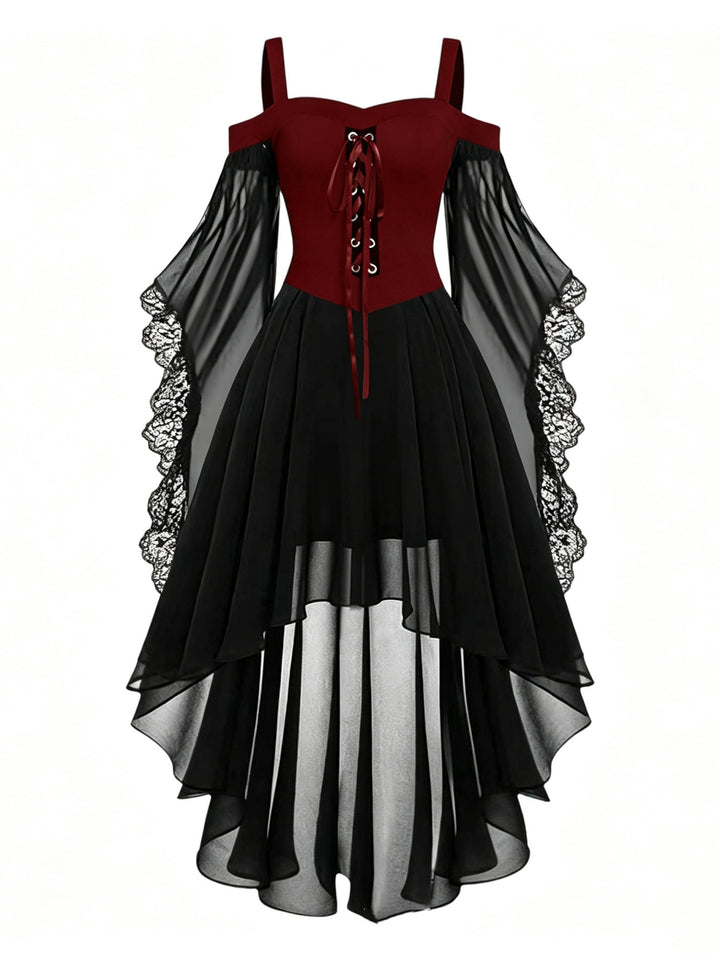 A-Line/Princess Square Neck Long Sleeves Asymmetrical Halloween Performance Costumes Dress with Lace