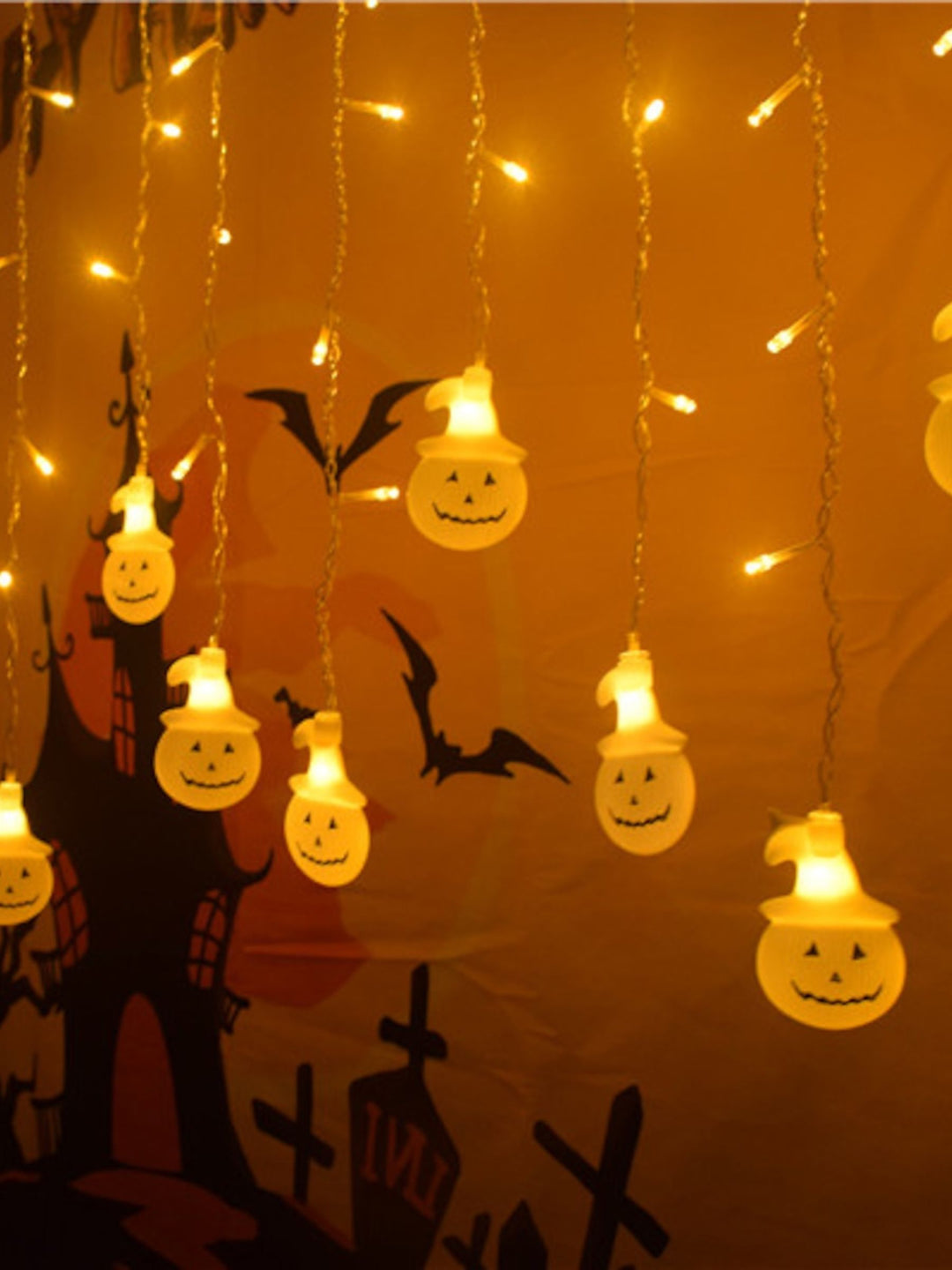 Halloween Cute Realistic Pumpkin Crystal Icicle Curtain String Lights