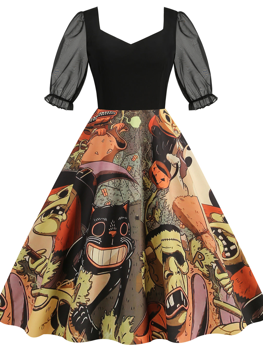 A-Line/Princess Square Neck Short Sleeves Tea-Length Halloween Performance Costumes Dress