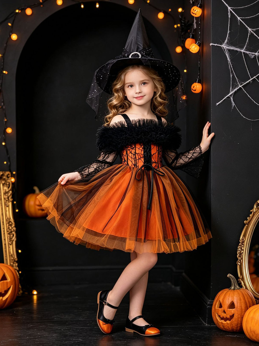 Girl's Gothic Halloween Dress Off Shoulder Black Lace Tulle Witch Costume Vampire Party Dress