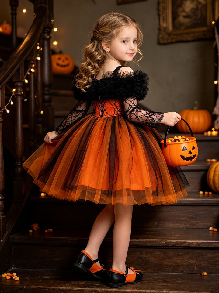 Girl's Gothic Halloween Dress Off Shoulder Black Lace Tulle Witch Costume Vampire Party Dress