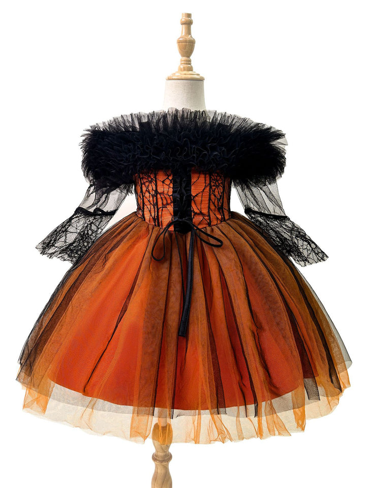Girl's Gothic Halloween Dress Off Shoulder Black Lace Tulle Witch Costume Vampire Party Dress