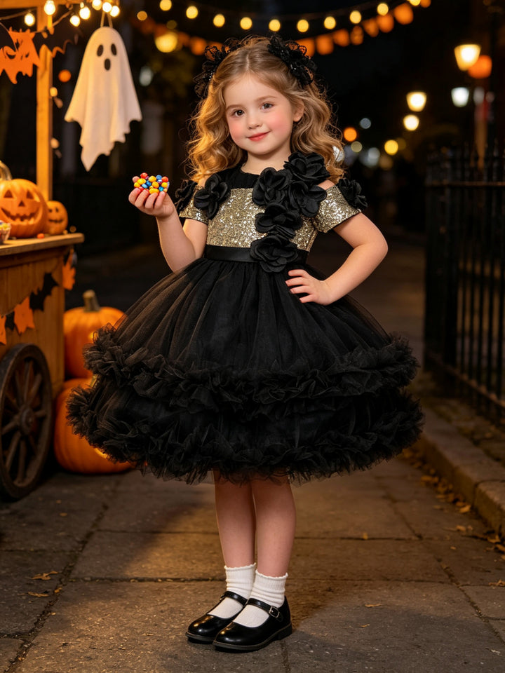 Girl's Black Sequin Halloween Dress 3D Flower Ruffle Tulle Witch Cosplay Party Costume