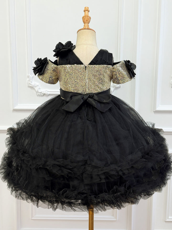 Girl's Black Sequin Halloween Dress 3D Flower Ruffle Tulle Witch Cosplay Party Costume