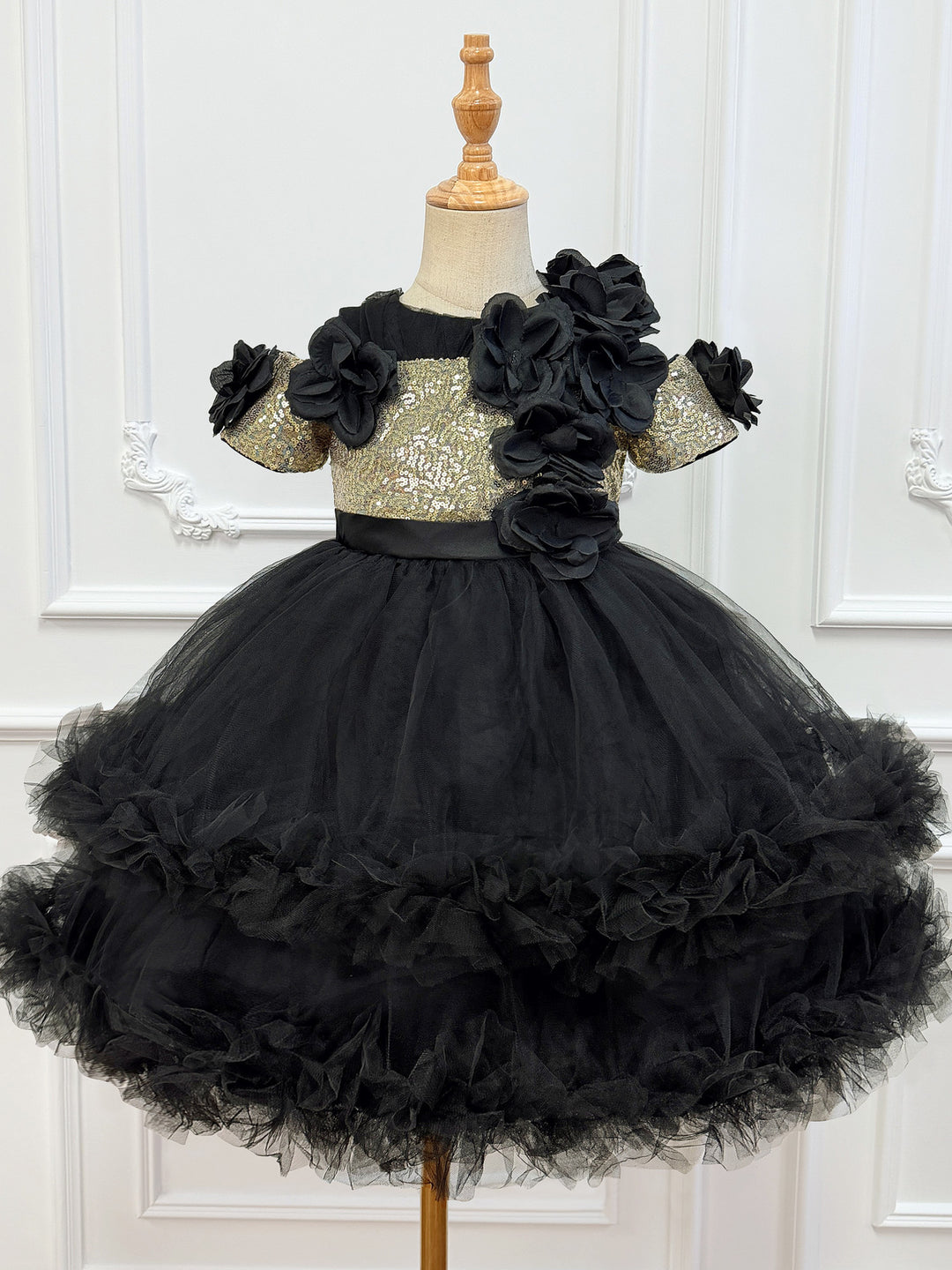 Girl's Black Sequin Halloween Dress 3D Flower Ruffle Tulle Witch Cosplay Party Costume