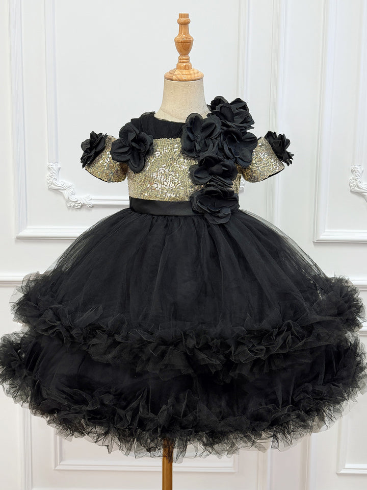 Girl's Black Sequin Halloween Dress 3D Flower Ruffle Tulle Witch Cosplay Party Costume