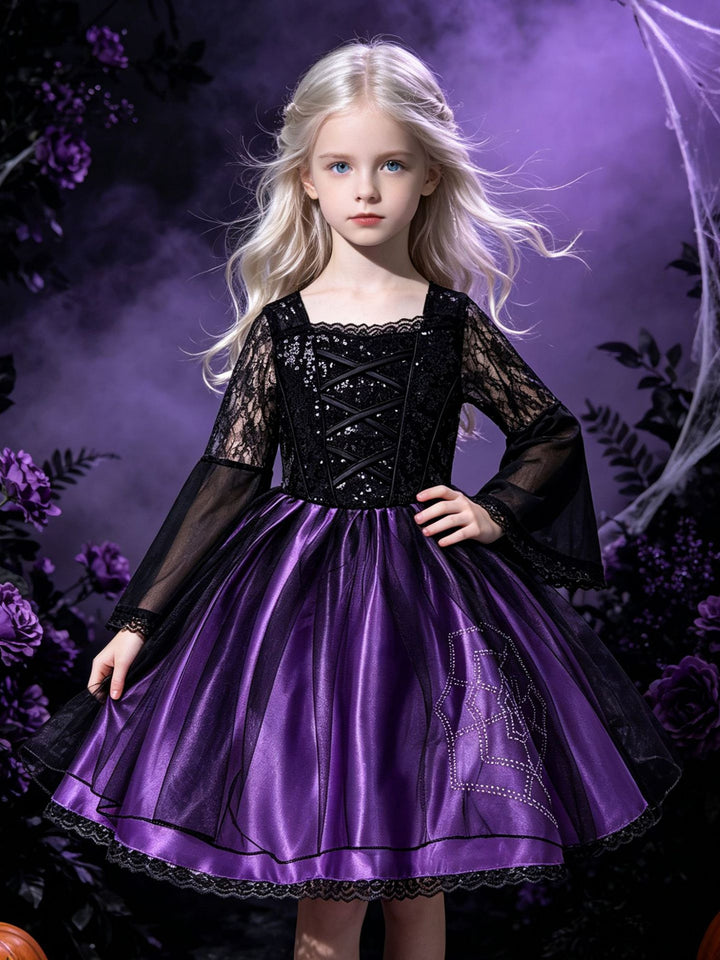 Girl's Gothic Halloween Dress Black Lace Long Sleeve Purple Tulle Witch Vampire Costume