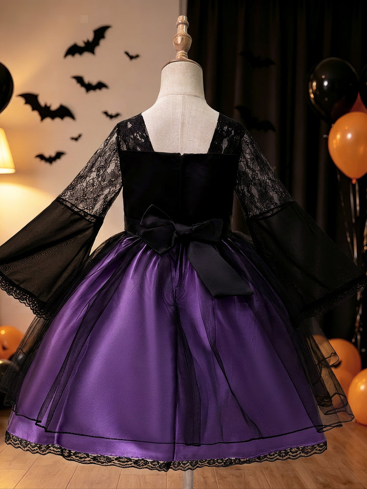 Girl's Gothic Halloween Dress Black Lace Long Sleeve Purple Tulle Witch Vampire Costume