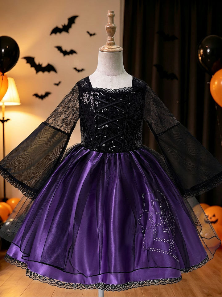 Girl's Gothic Halloween Dress Black Lace Long Sleeve Purple Tulle Witch Vampire Costume
