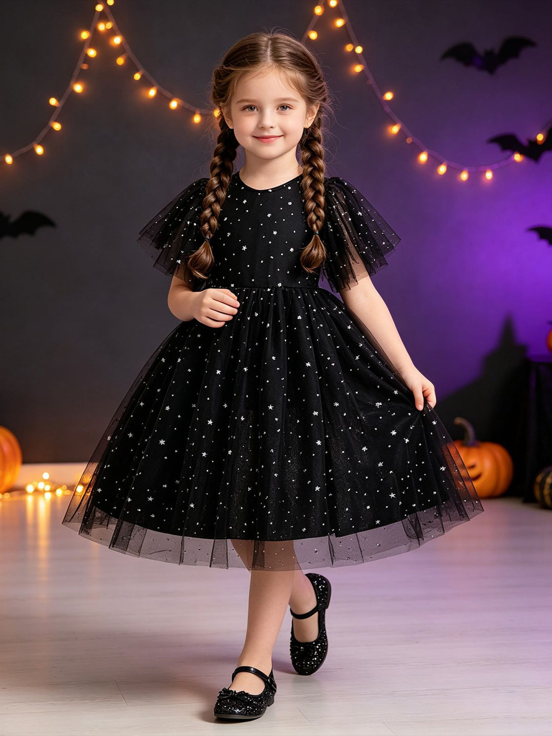 Girl's Gothic Halloween Dress Flutter Sleeve Black Star Tulle Witch Party Costume