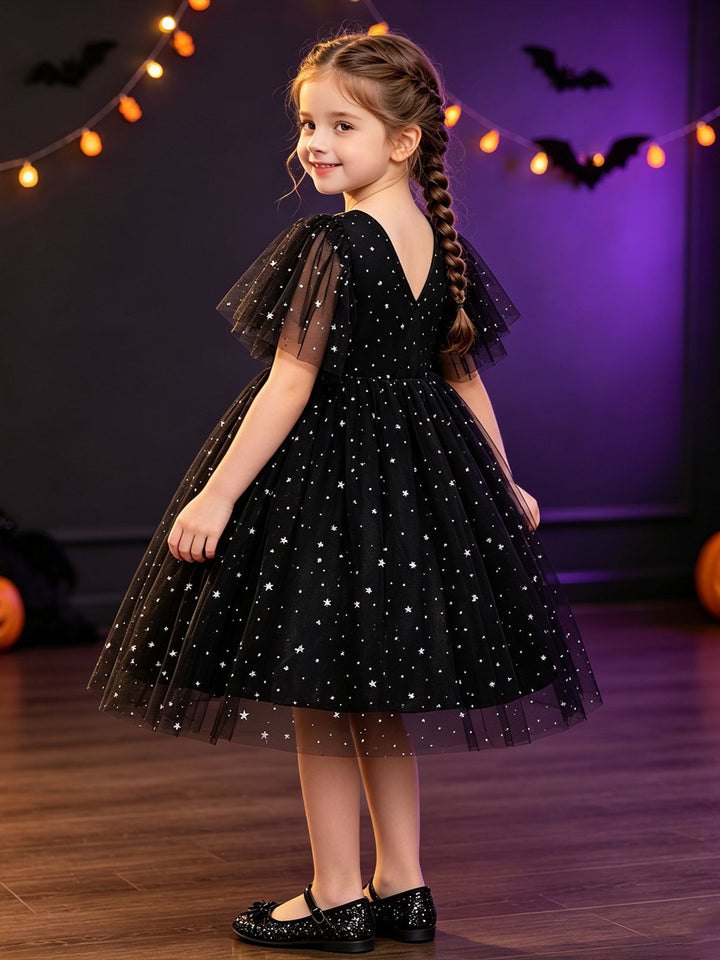 Girl's Gothic Halloween Dress Flutter Sleeve Black Star Tulle Witch Party Costume