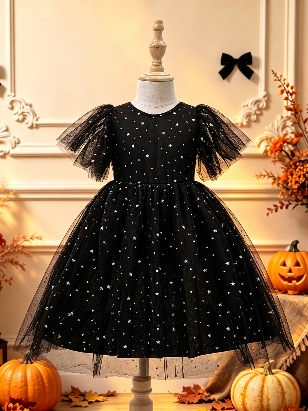 Girl's Gothic Halloween Dress Flutter Sleeve Black Star Tulle Witch Party Costume