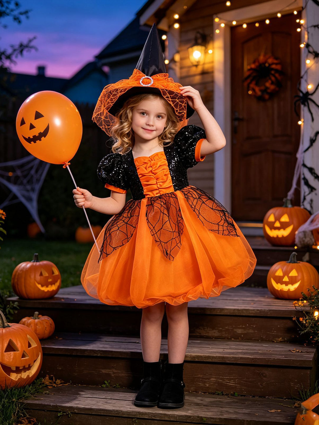 Girl's Gothic Halloween Dress Puff Sleeve Orange Black Spider Web Witch Costume