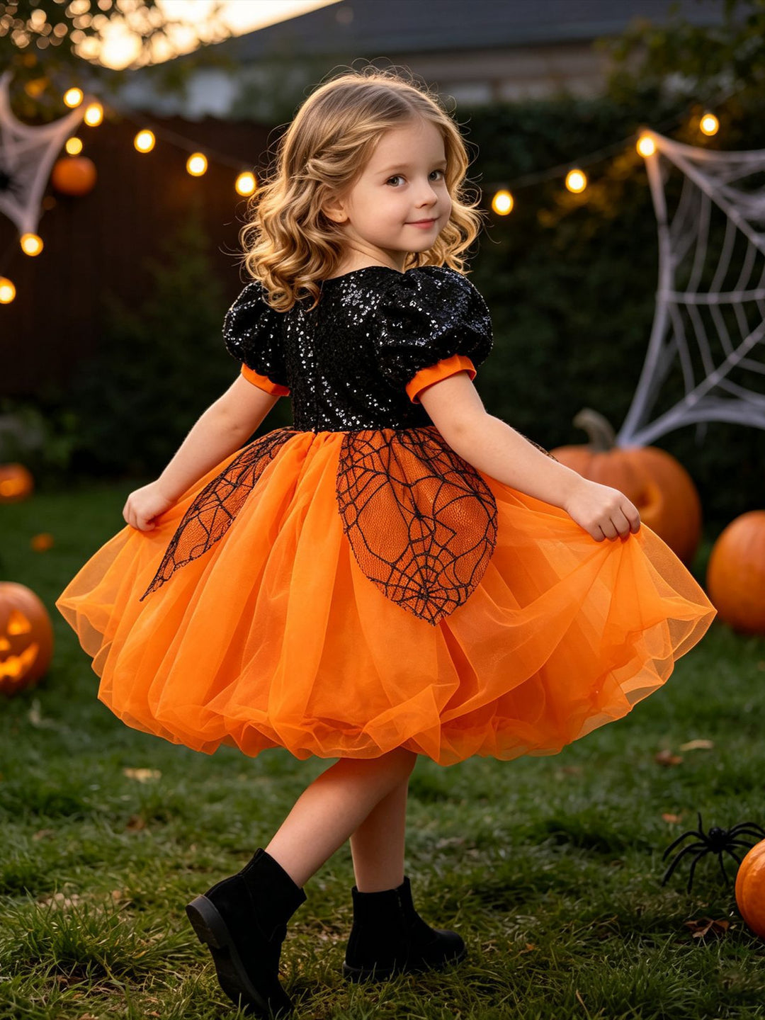 Girl's Gothic Halloween Dress Puff Sleeve Orange Black Spider Web Witch Costume