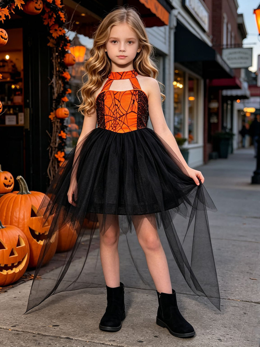 Girl's Gothic Halloween Dress Halter Orange Spider Web High Low Witch Costume