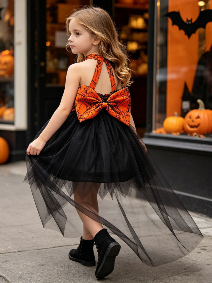 Girl's Gothic Halloween Dress Halter Orange Spider Web High Low Witch Costume