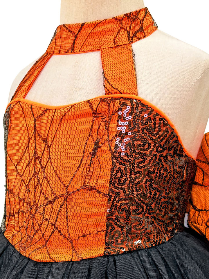 Girl's Gothic Halloween Dress Halter Orange Spider Web High Low Witch Costume