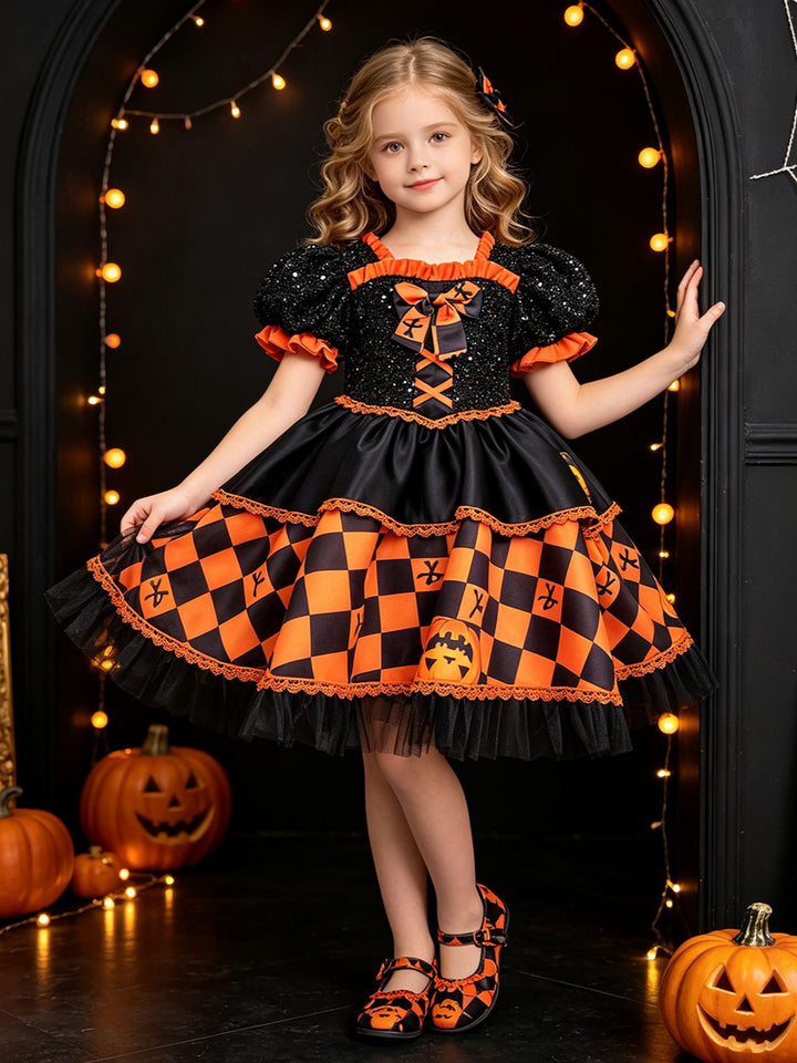 Girl's Gothic Halloween Dress Puff Sleeve Orange Black Checkered Pumpkin Witch Costume
