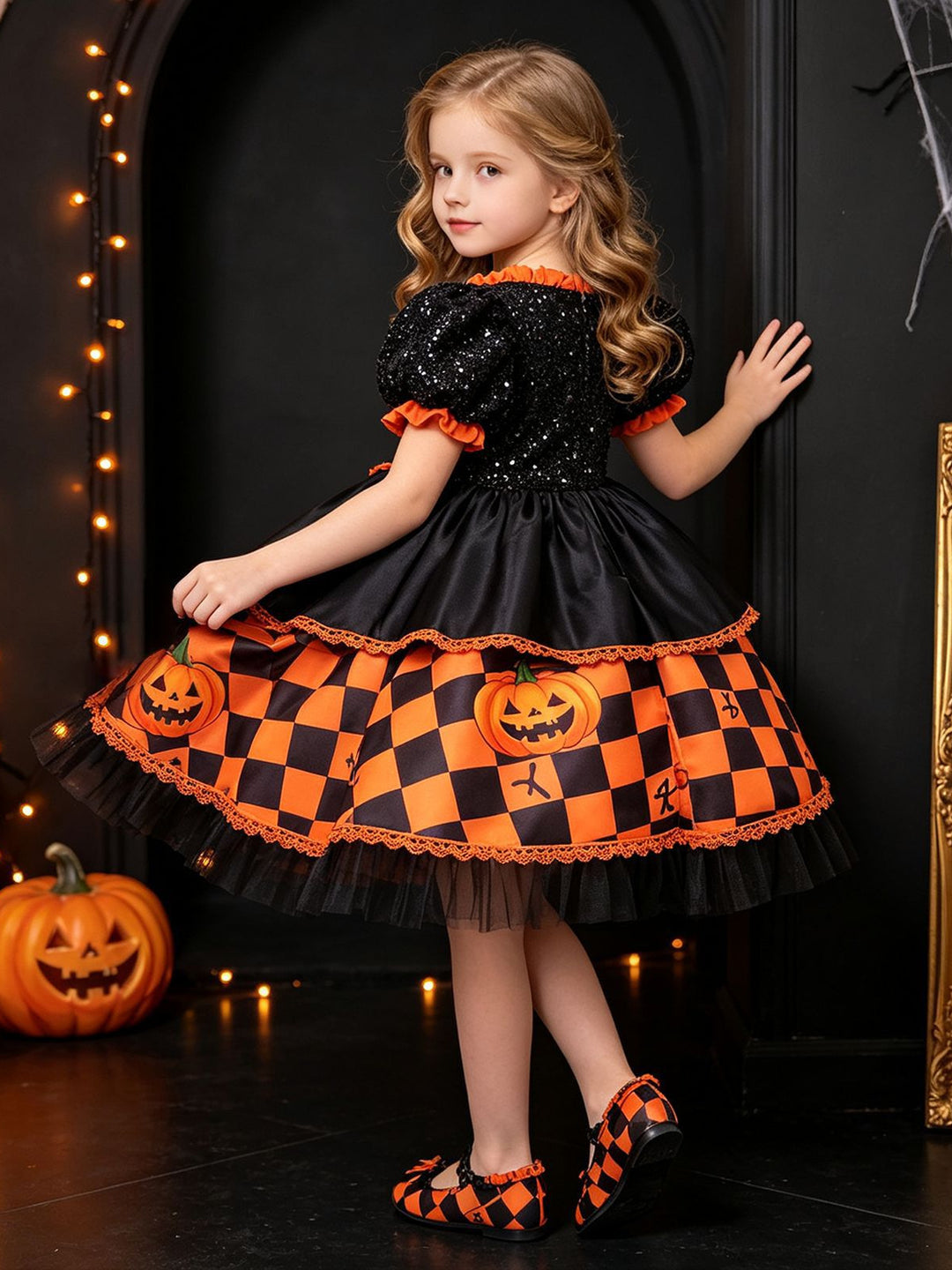 Girl's Gothic Halloween Dress Puff Sleeve Orange Black Checkered Pumpkin Witch Costume