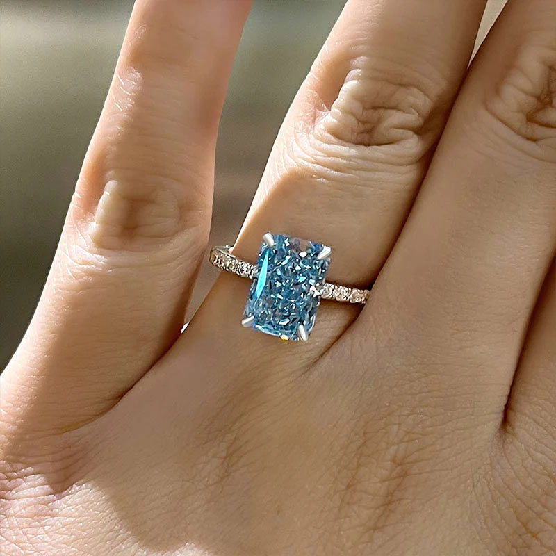 White Gold Sterling Silver Radiant Cut Light Aquamarine Blue Women's Ring Valentine's Day Engagement Wedding Jewelry