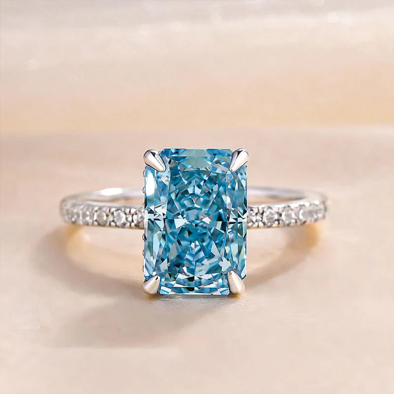 White Gold Sterling Silver Radiant Cut Light Aquamarine Blue Women's Ring Valentine's Day Engagement Wedding Jewelry