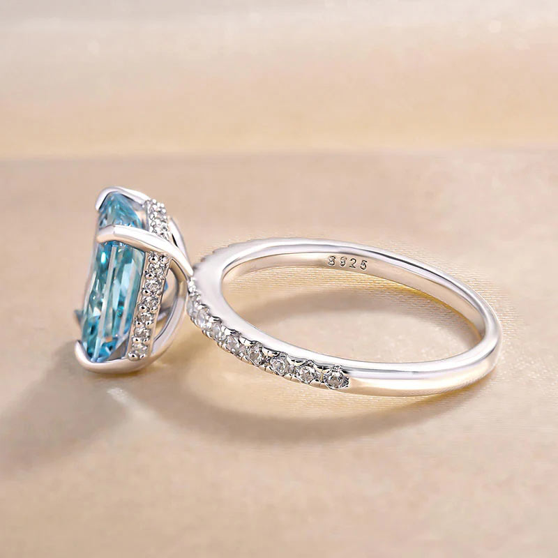 White Gold Sterling Silver Radiant Cut Light Aquamarine Blue Women's Ring Valentine's Day Engagement Wedding Jewelry