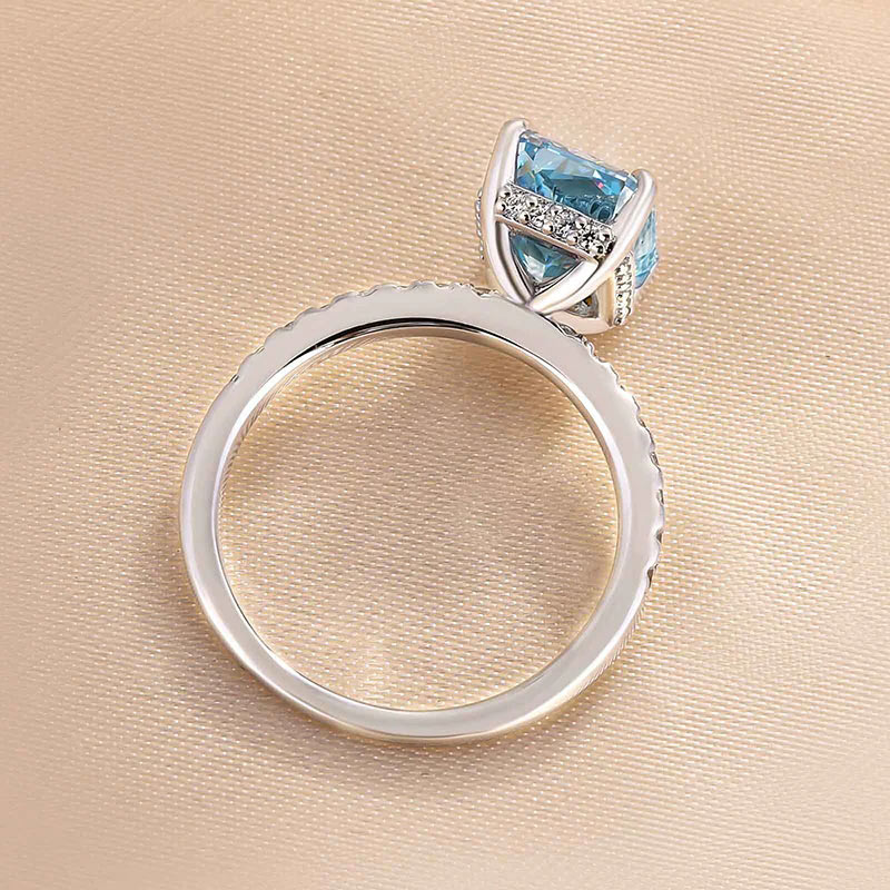 White Gold Sterling Silver Radiant Cut Light Aquamarine Blue Women's Ring Valentine's Day Engagement Wedding Jewelry