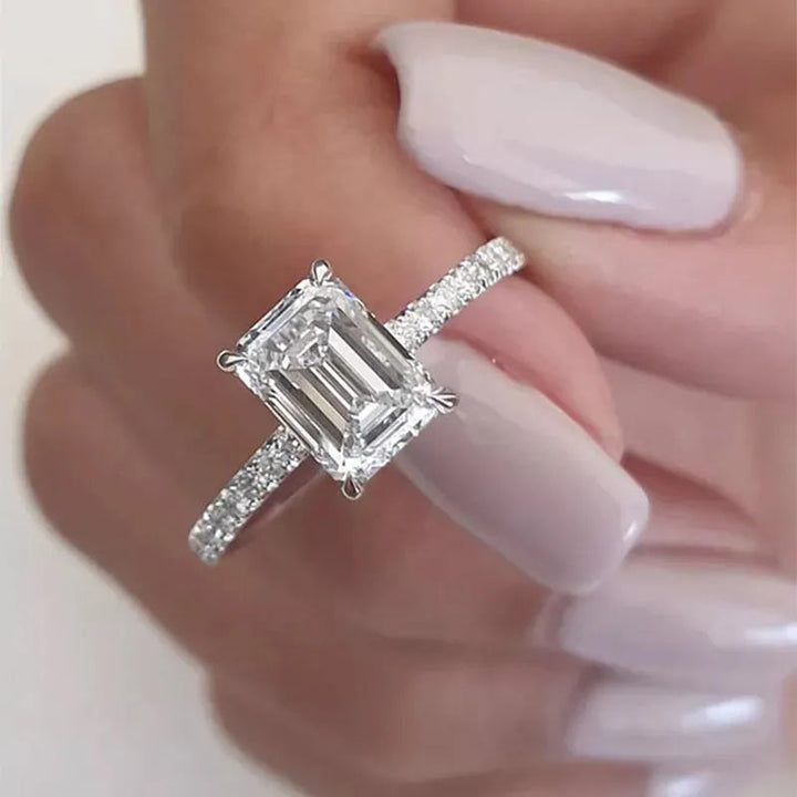 White Gold Sterling Silver Emerald Cut Women's Ring Valentine's Day Engagement Wedding Jewelry