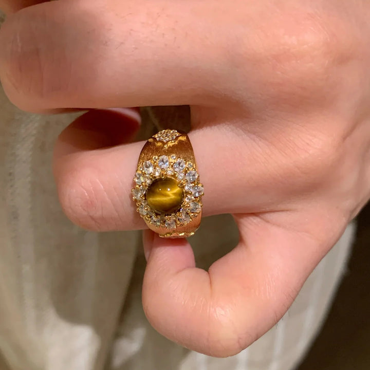 Vintage Luxury Natural Tiger Eye Sparkling Rhinestone Ring