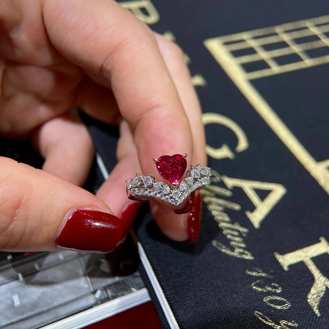 Vintage Red Court Heart V Rhinestone Ring