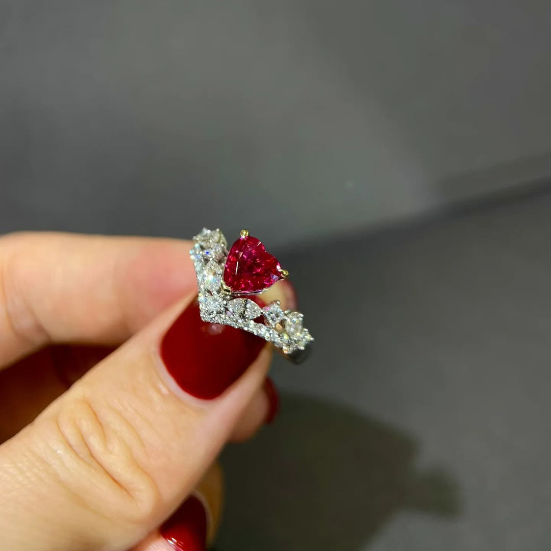 Vintage Red Court Heart V Rhinestone Ring