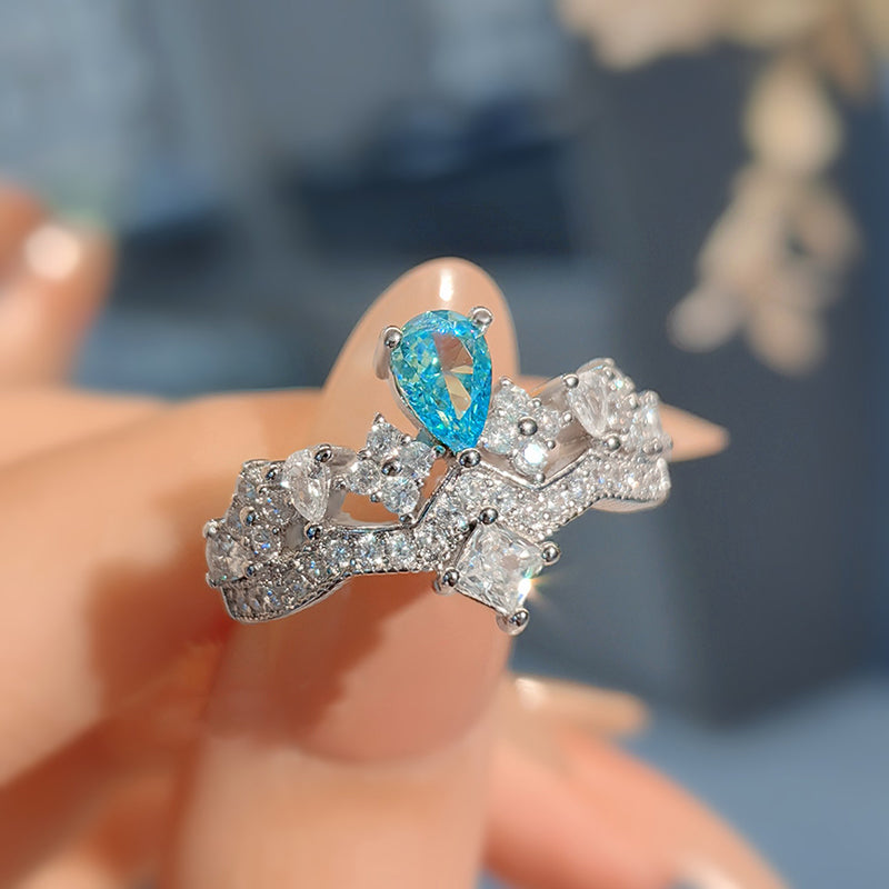 High-end Blue Rhinestone Crown Adjustable Ring