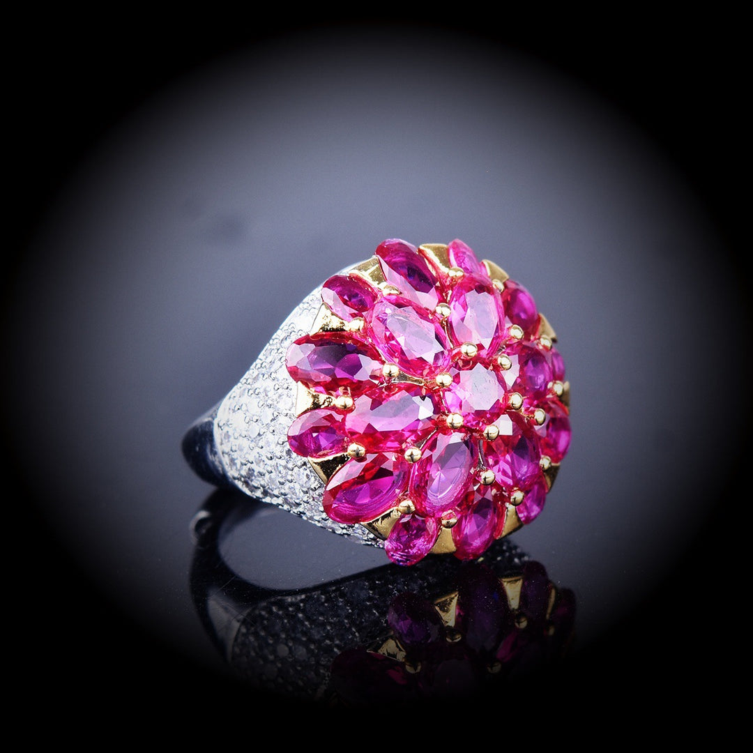 Vintage High-End Fuchsia Cone Flower Rhinestone Ring