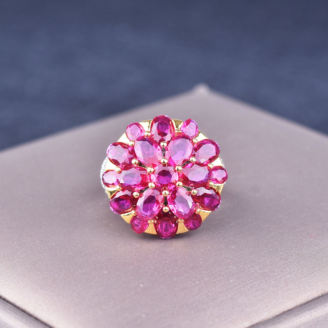 Vintage High-End Fuchsia Cone Flower Rhinestone Ring