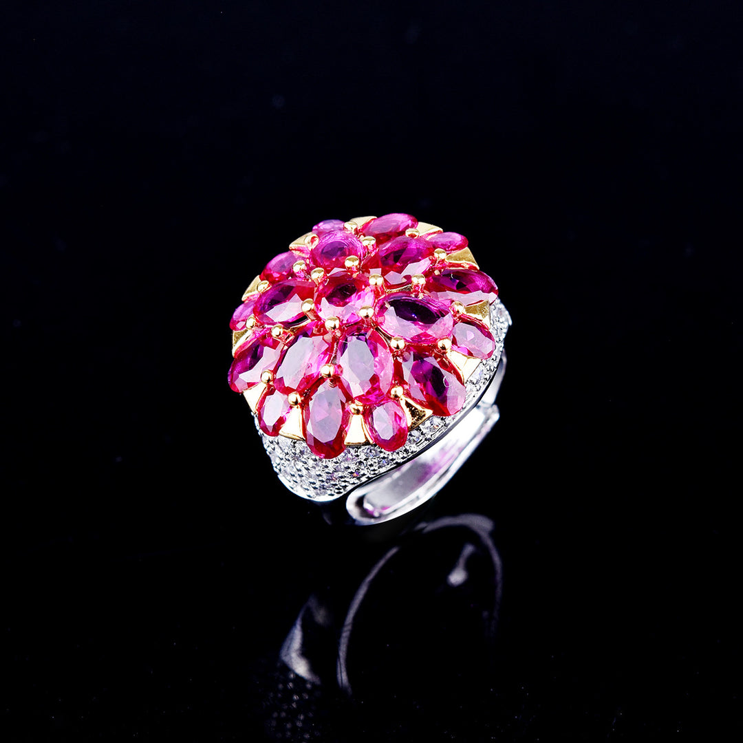 Vintage High-End Fuchsia Cone Flower Rhinestone Ring