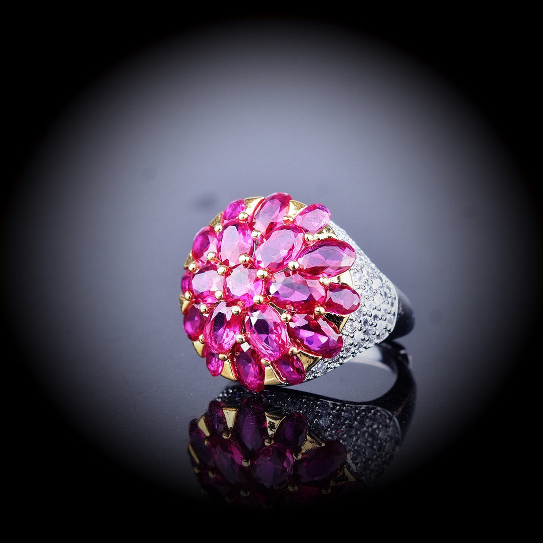 Vintage High-End Fuchsia Cone Flower Rhinestone Ring